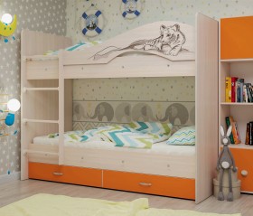 Кровать Мая-Сафари двухъярусная с ящикамиМлечный дуб/Оранжевый в Рязани - ryazan.katalogmebeli.com | фото